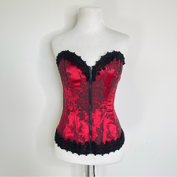 Vintage 90s Shirley of Hollywood Red Satin Black Floral Lace Zip Up Glam Corset